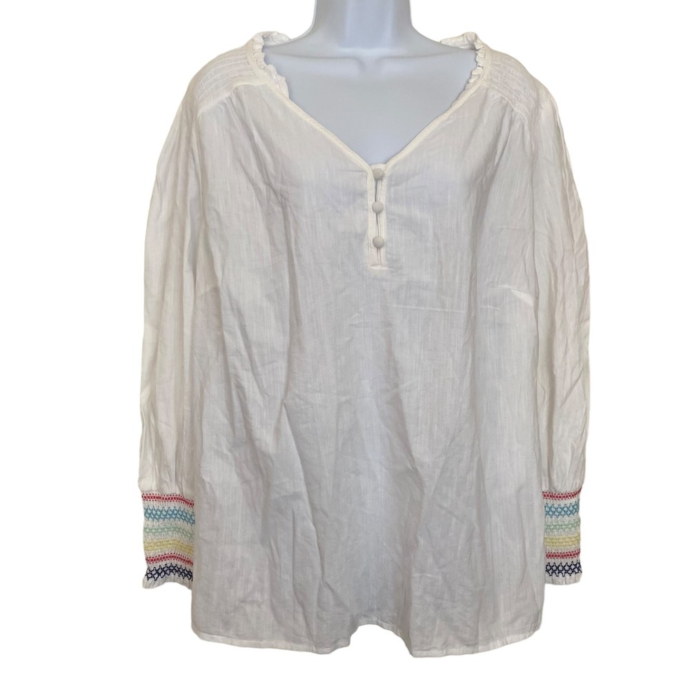 ST.JOHN'S BAY WOMEN'S SIZE 1X RAINBOW EMBROIDERY LONG SLEEVE CUFF WHITE BLOUSE